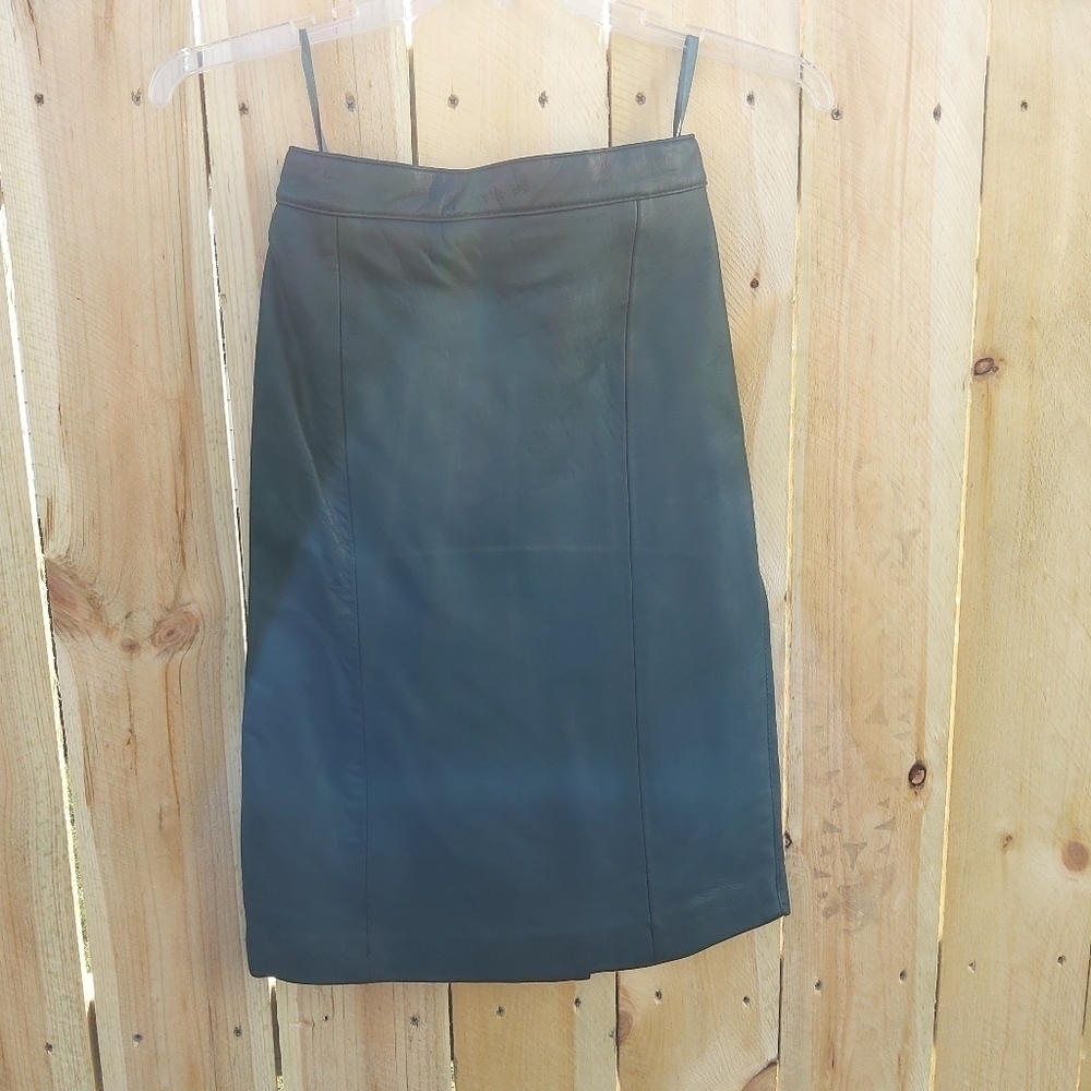 LAURA WINSTON GREEN LEATHER STRAIGHT MIDI SKIRT SIZE 5/6